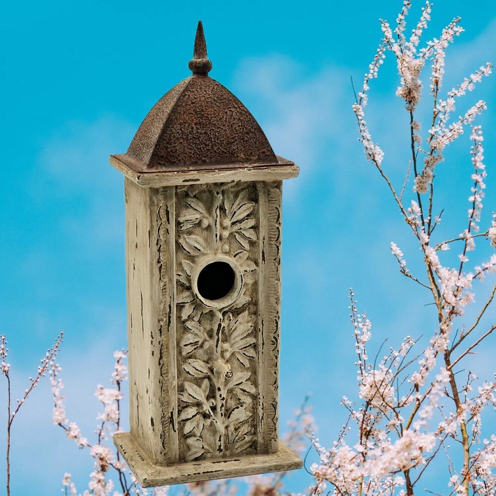 Garden Decor: Rustic Beige Bird House with Vintage Charm and Floral Accents